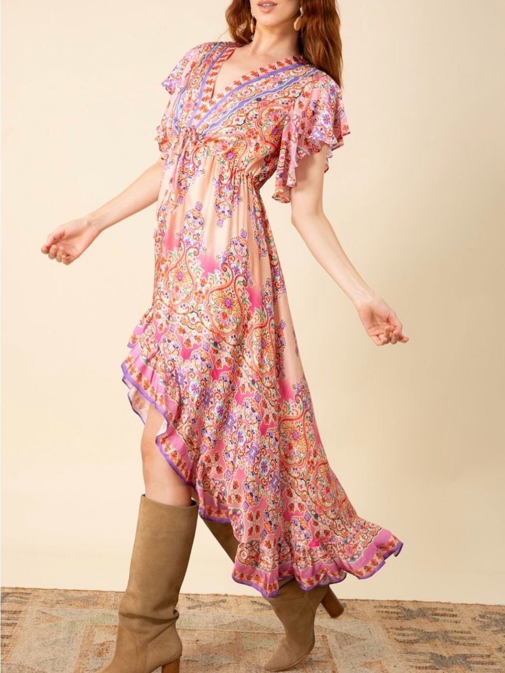 Hale Bob Pink High-Low Ruffle Midi Dress